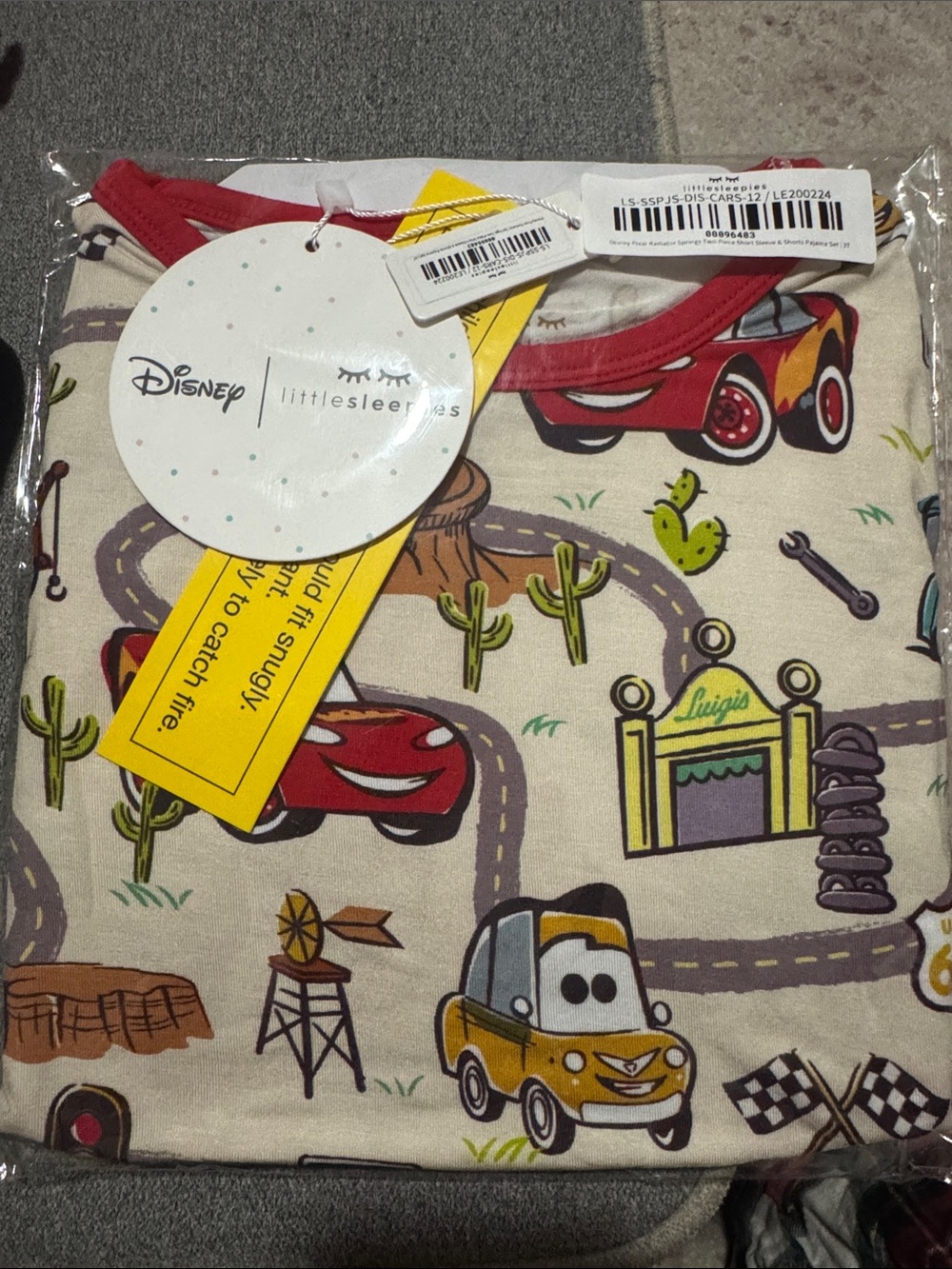 Little Sleepies Disney Cars Cream Top with Red Trim and Yellow & Green Accents